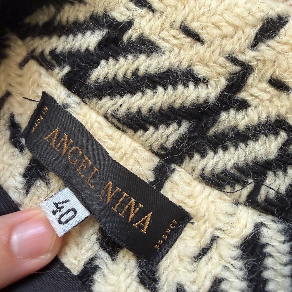 Angel Nina Plaid Wool Blend Coat Women Size 40 Black Cream Long Zip Jacket - Picture 7 of 16